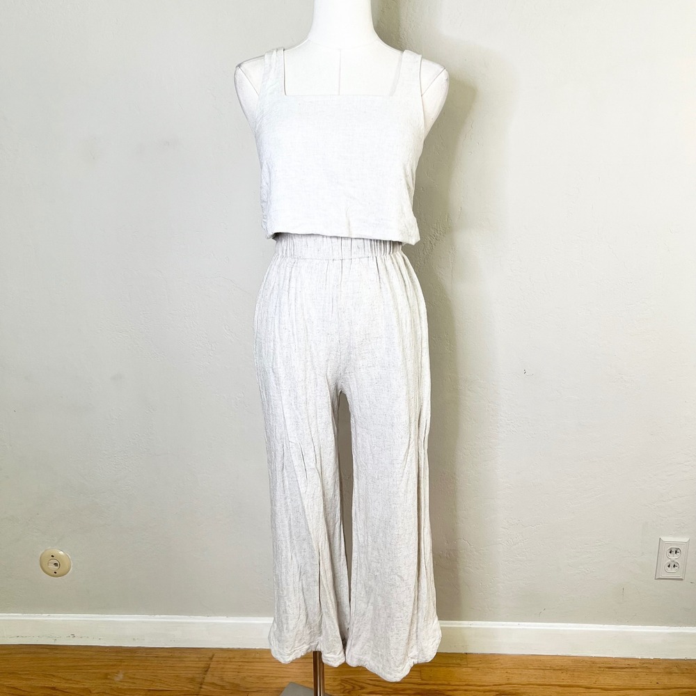 Petal + Pup Two Piece Set Crop Top Wide Leg Pants Womens Size S/XS Beige Linen